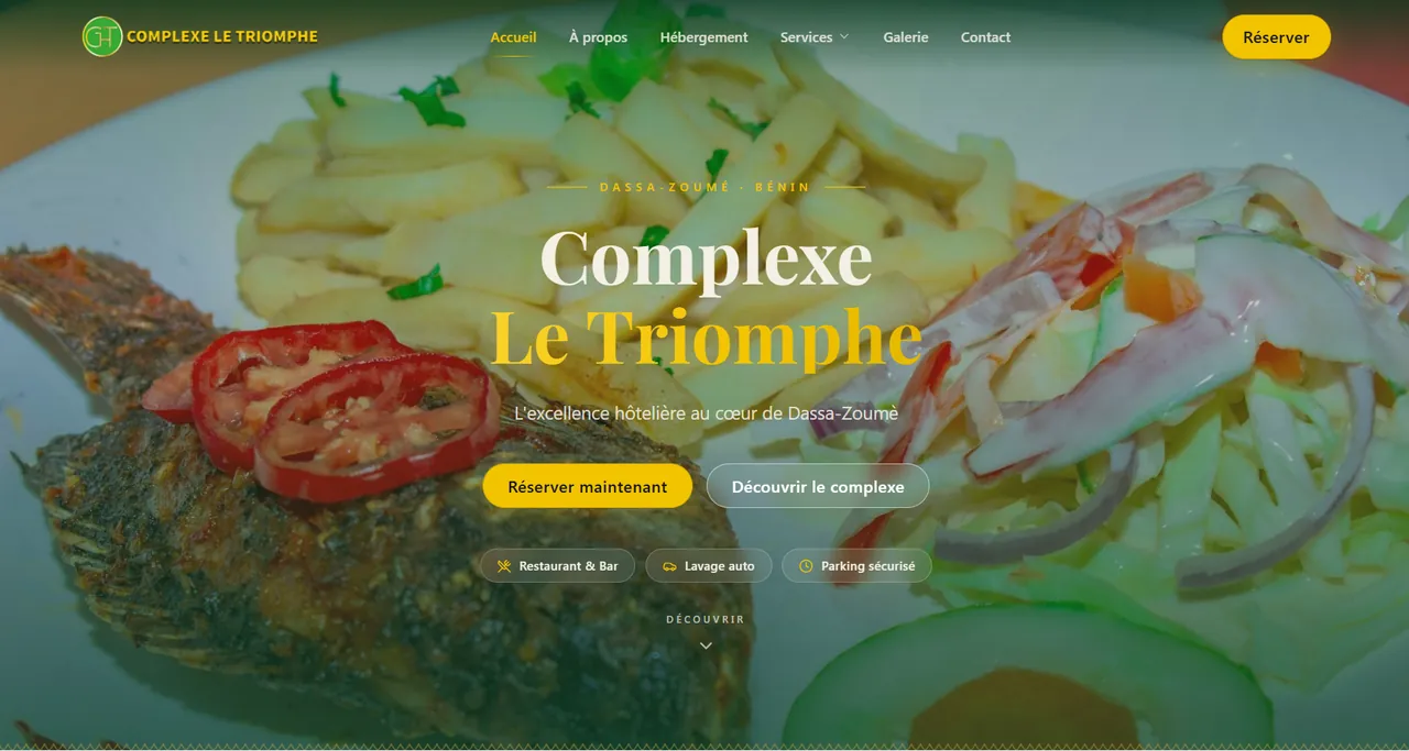 Aperçu de la refonte React du site du Complexe Le Triomphe à Dassa-Zoumè